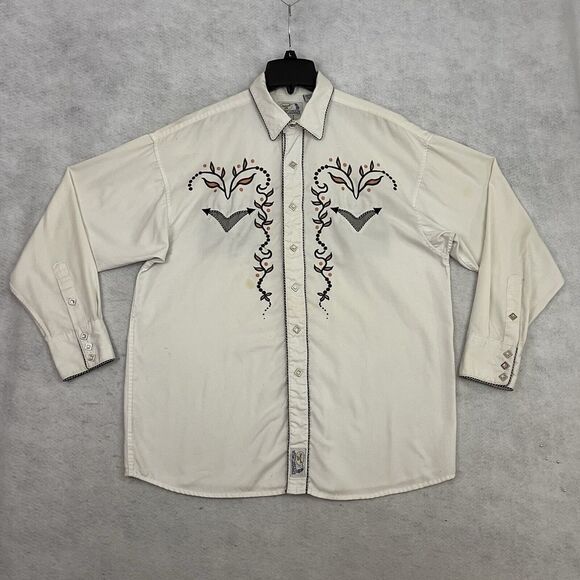 Panhandle Slim Mens Shirt Large White Western Embroidered Pearl Snap Button Up - Picture 8 of 15
